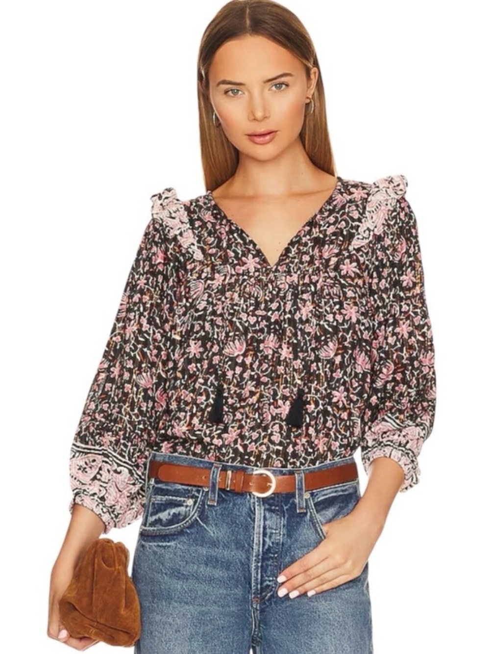 Cleobella Western Bohemian Ruffle Brynlee Blouse Small Organic Indian Cotton